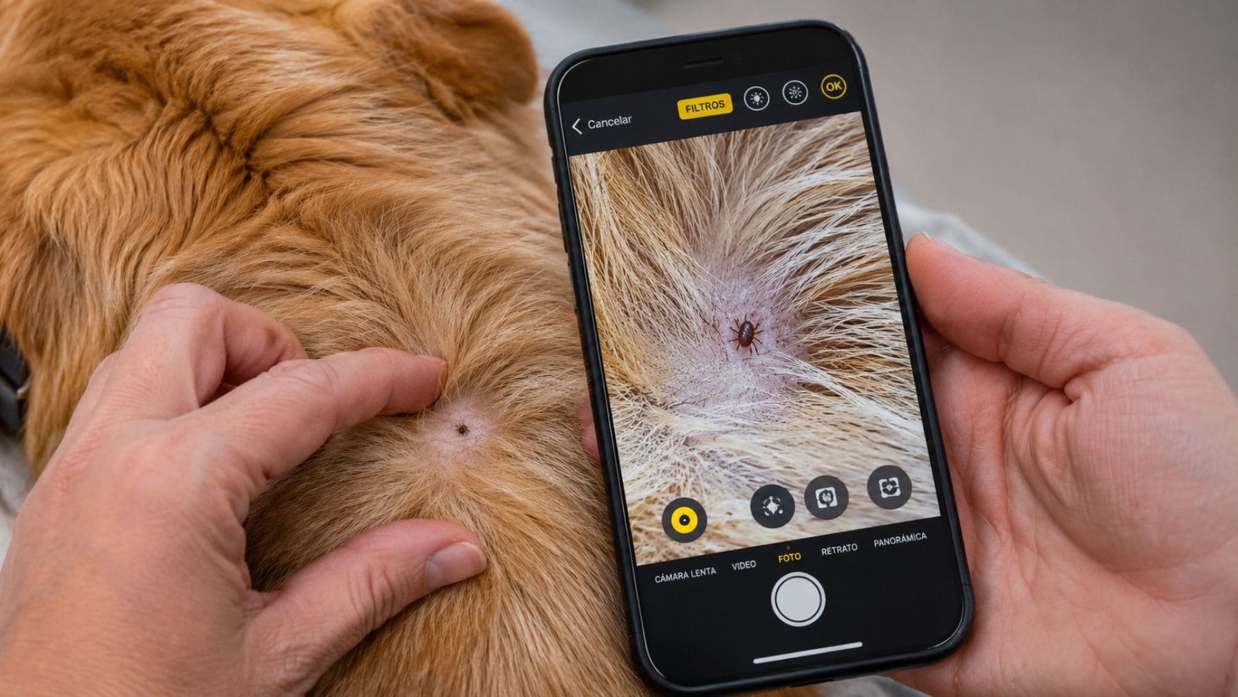 Persona utilizando la función Lupa del iPhone para detectar una garrapata oculta bajo el pelo de un perro.