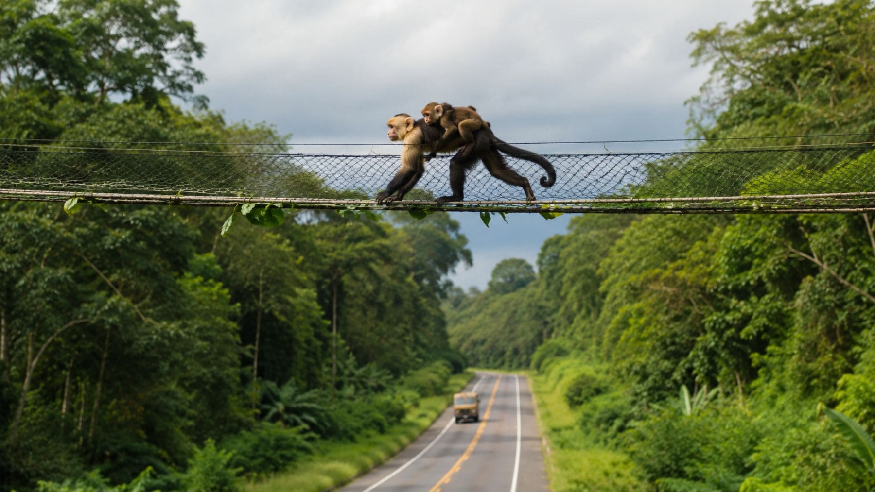 Mono cruzando un puente aéreo sobre una carretera de la Amazonia brasileña para evitar atropellos