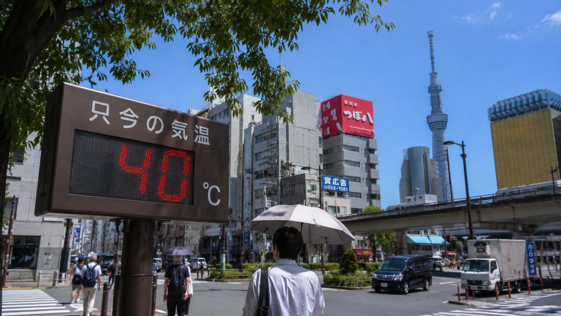 Señal de temperatura marcando 40 °C en una calle de Tokio durante una ola de calor extrema en Japón.