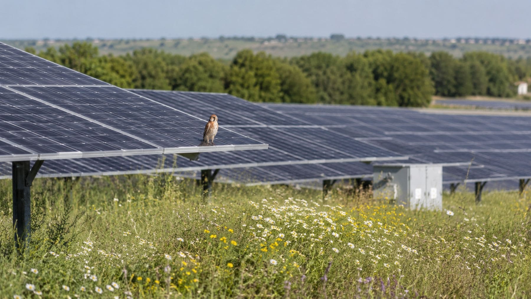 Ave posada en una planta solar con vegetación natural entre paneles fotovoltaicos que favorecen la biodiversidad.