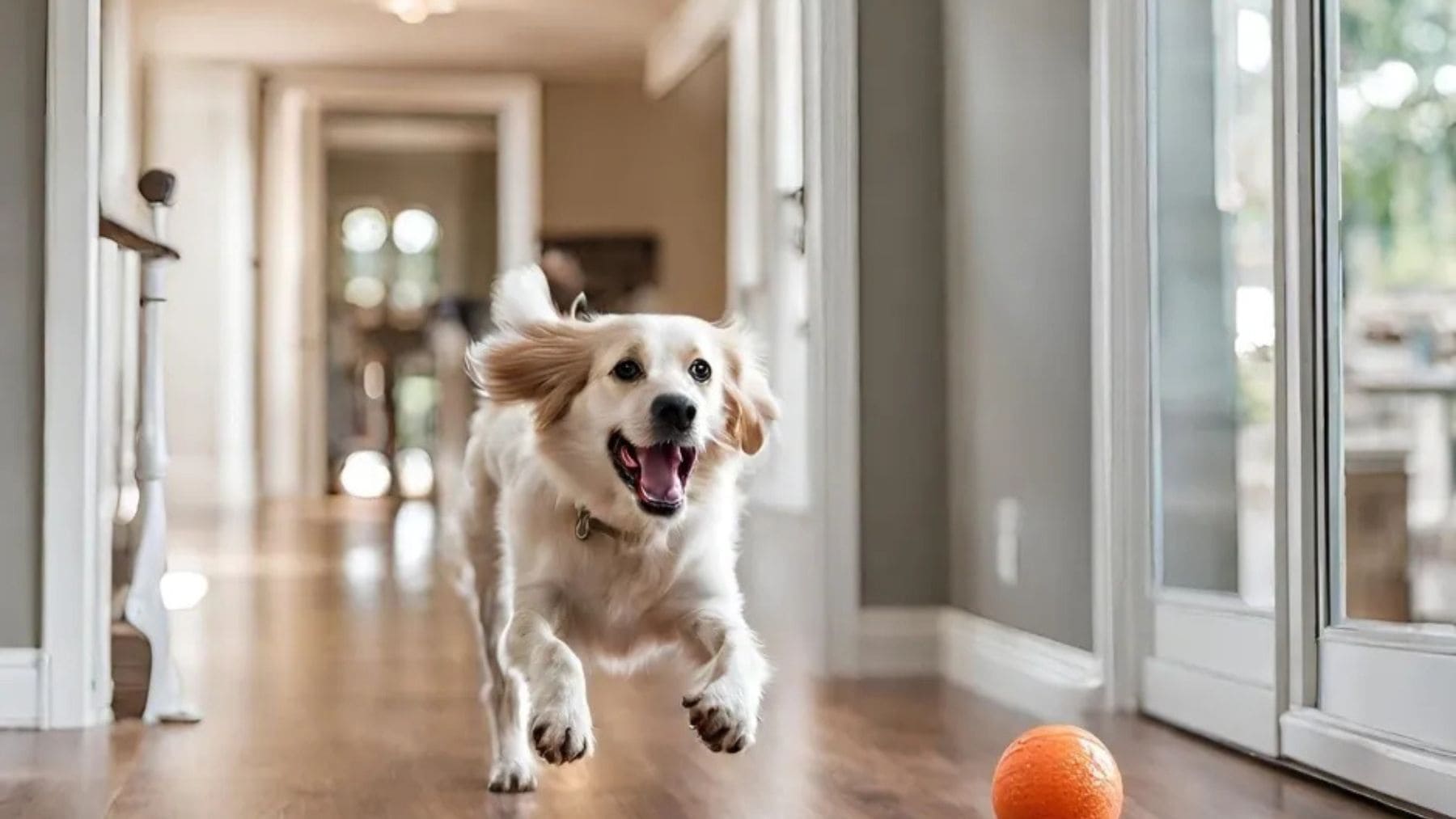 Perro corriendo detrás de una pelota en el interior de una casa sobre un suelo de madera resbaladizo.