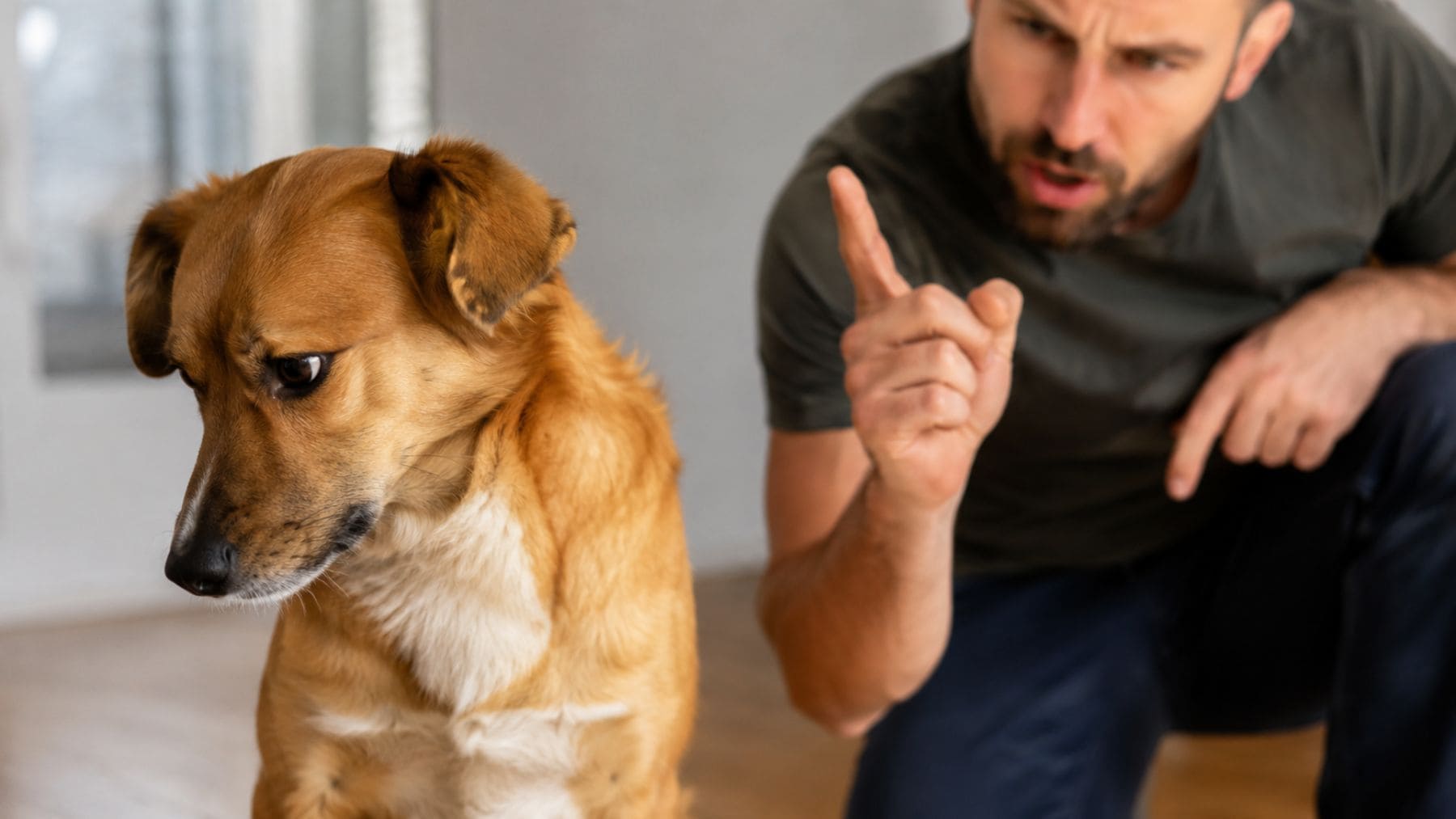 Perro girando la cabeza y evitando la mirada mientras su dueño le habla en tono de reprimenda.