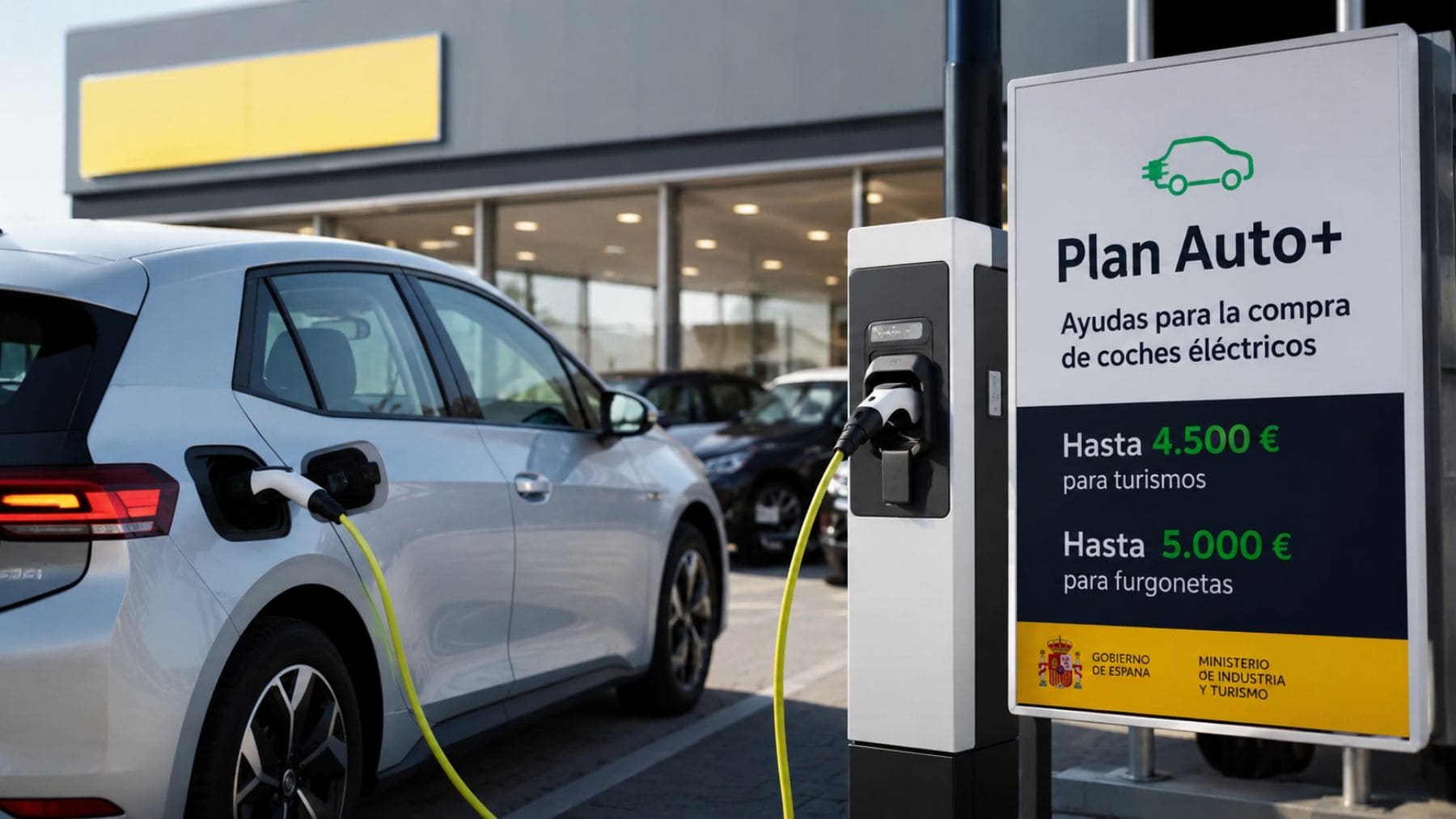 Coche eléctrico cargando junto a un punto de recarga con referencia al Plan Auto+, las ayudas públicas para la compra de vehículos eléctricos en España.
