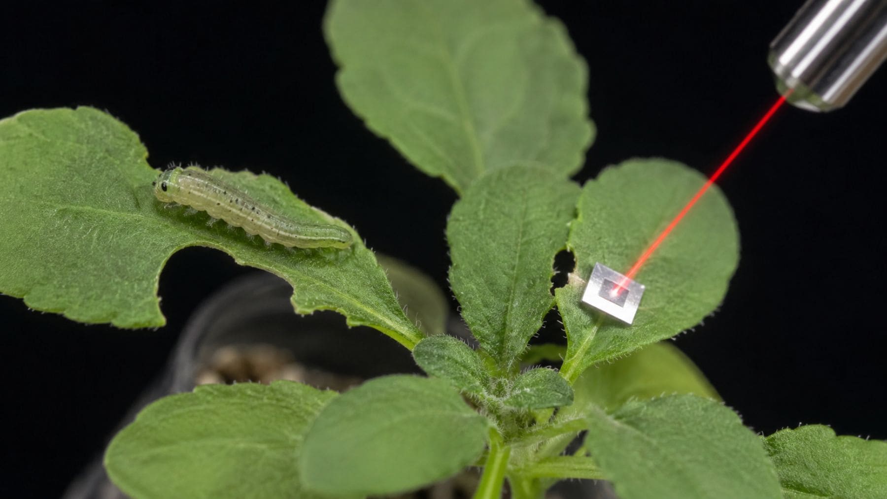 Oruga alimentándose de una hoja mientras una planta detecta vibraciones y activa mecanismos de defensa química