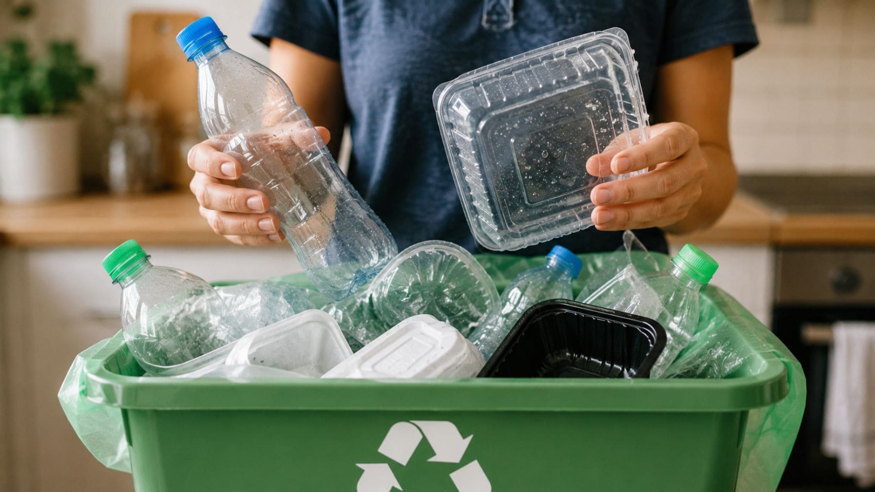 Persona depositando botellas y envases de plástico en un contenedor de reciclaje, una práctica analizada por un estudio de Nature sobre contaminantes en plásticos reciclados.