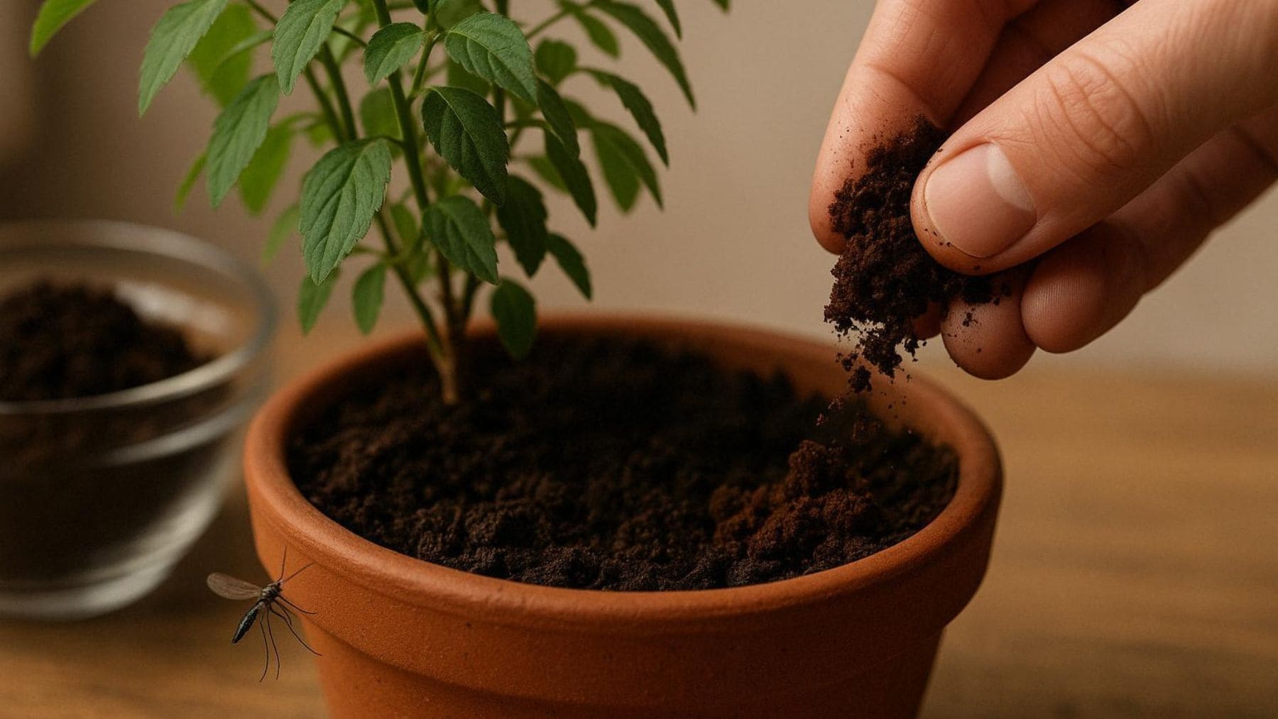 Posos de café sobre una maceta utilizados como remedio casero para ayudar a ahuyentar mosquitos en verano.