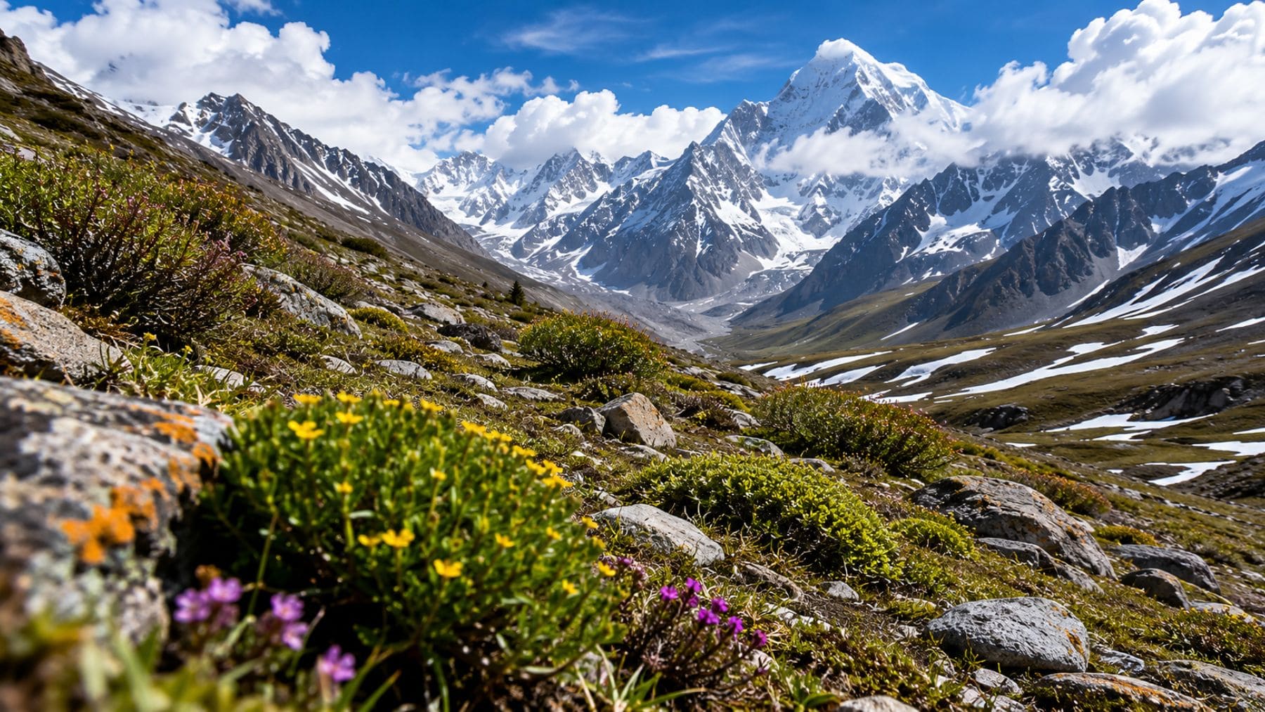 Vegetación alpina avanzando entre montañas nevadas del Himalaya por el efecto del cambio climático