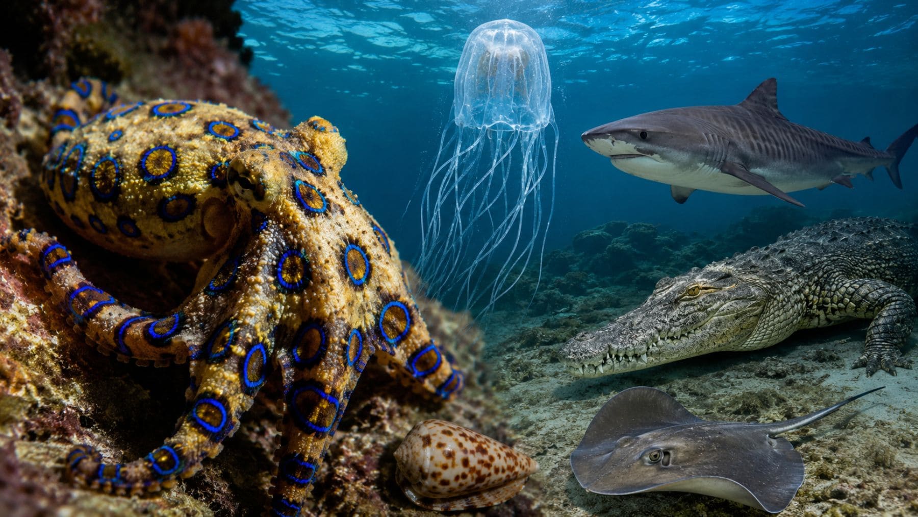 Pulpo de anillos azules junto a otros animales peligrosos de la Gran Barrera de Coral como tiburones, medusas y cocodrilos.