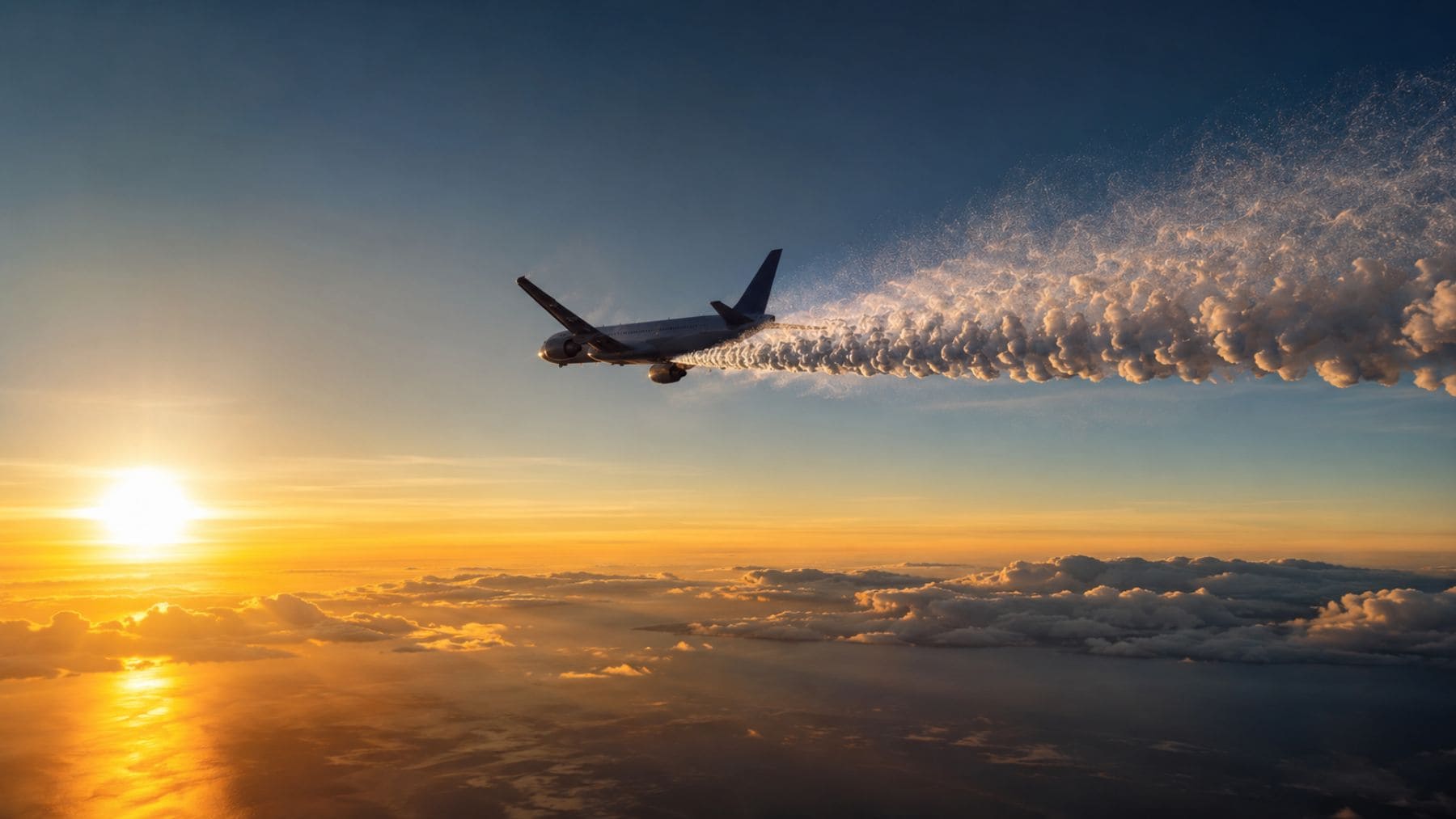 Avión liberando aerosoles en la estratosfera para reflejar parte de la radiación solar y reducir el calentamiento global.