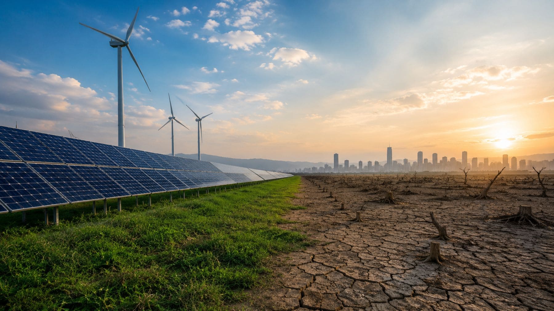 Paneles solares y aerogeneradores frente a un paisaje afectado por la sequía y el cambio climático.