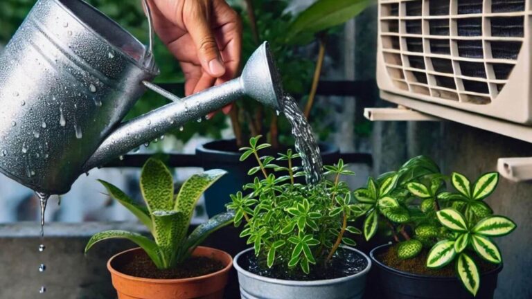 Persona regando varias plantas con agua recogida del aire acondicionado para reutilizar el agua de condensación en casa.