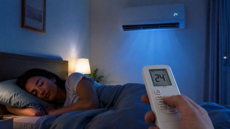 Persona durmiendo con el aire acondicionado encendido a 24 grados durante la noche para ahorrar energía y mejorar el descanso.