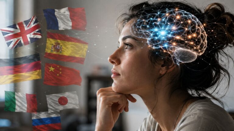 Mujer con una representación digital del cerebro rodeada de varios idiomas, ilustrando el efecto del multilingüismo sobre el envejecimiento cerebral.