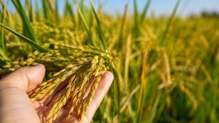 Espigas de arroz en un cultivo utilizadas para ilustrar un estudio que reduce el cadmio del grano mediante una mutación genética.
