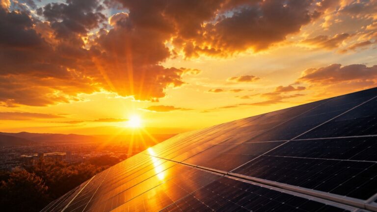 Paneles solares bajo un cielo parcialmente nublado que ilustran cómo el cambio climático modifica la radiación solar que llega a la superficie terrestre.