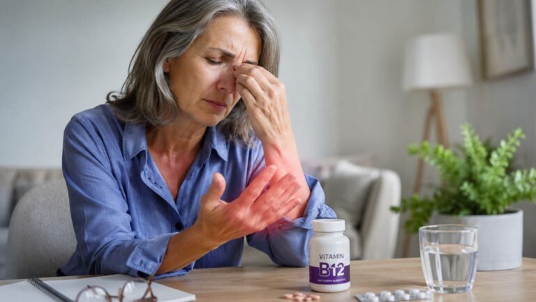 Mujer con síntomas compatibles con deficiencia de vitamina B12, como cansancio y hormigueo, junto a un suplemento vitamínico.