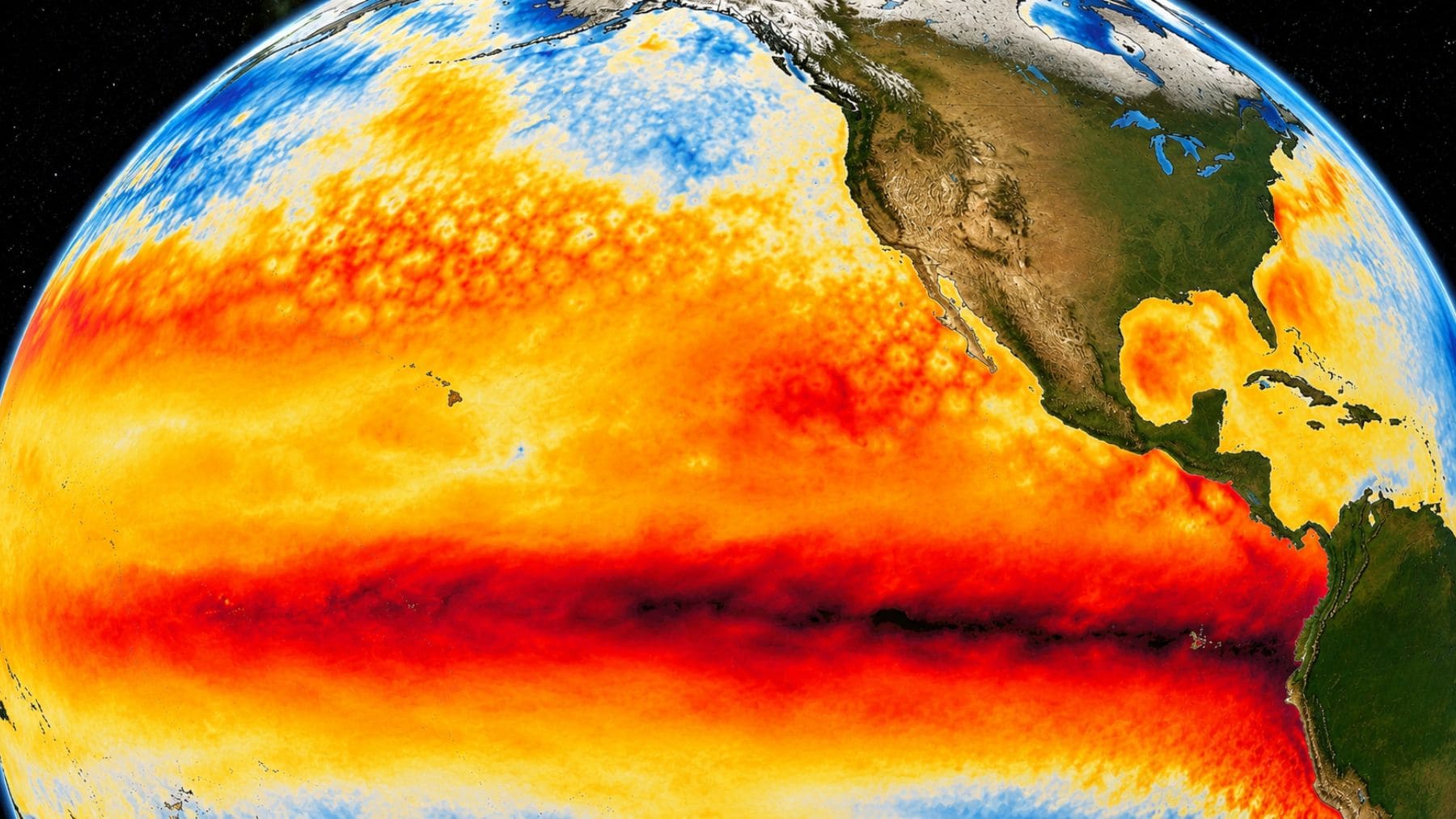 Mapa del océano Pacífico con las anomalías de temperatura provocadas por el fenómeno climático El Niño.