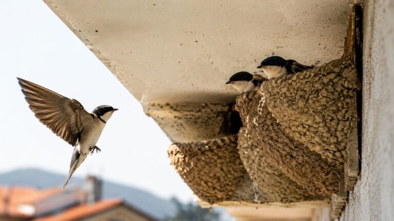 Golondrinas junto a sus nidos en la fachada de un edificio, un indicador de buena calidad del aire y baja presencia de insecticidas.