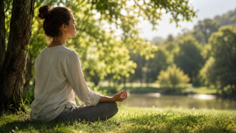 Mujer practicando meditación al aire libre como hábito diario para reducir el estrés y favorecer el equilibrio del cortisol