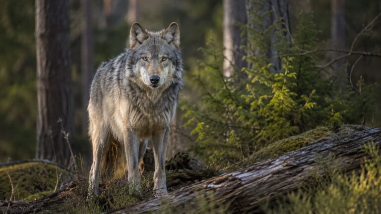 Lobo gris en un bosque, protagonista de un estudio que relaciona su reintroducción con una mayor captura de CO2 gracias a la regeneración forestal.