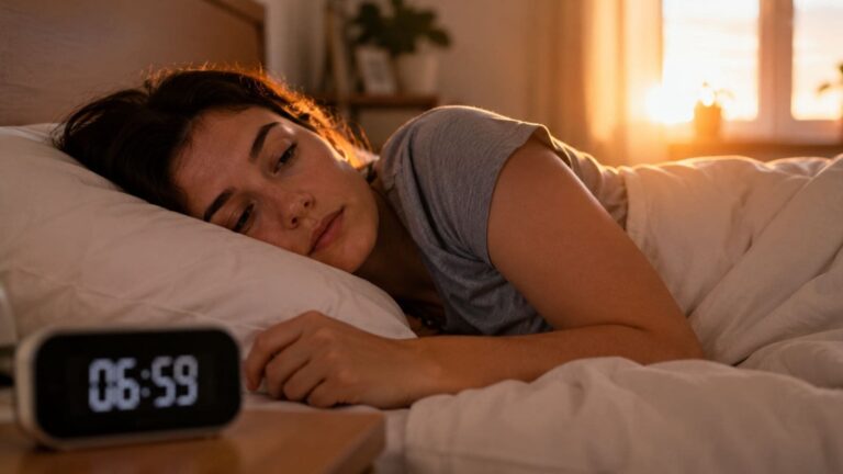 Persona despertándose de forma natural antes de que suene el despertador gracias a un reloj biológico sincronizado.