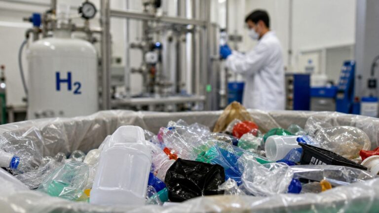 Residuos plásticos mezclados en un laboratorio donde investigadores los convierten en hidrógeno mediante un nuevo proceso de reciclaje químico.