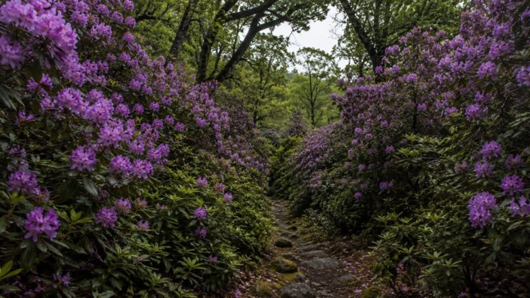Rododendro póntico invadiendo un bosque de robles en el Parque Nacional de Killarney, Irlanda