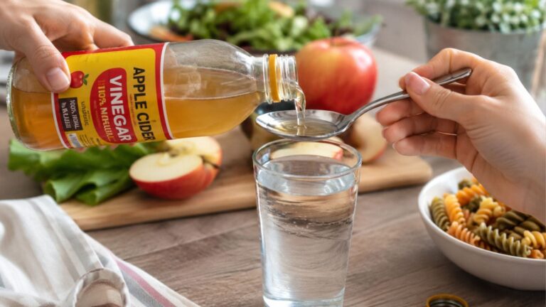 Una persona vierte una cucharada de vinagre de manzana en un vaso de agua antes de una comida para ayudar a controlar la glucosa.