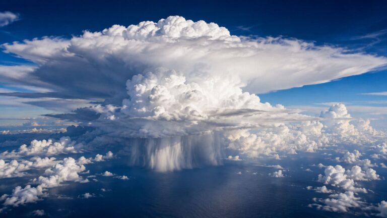 Enorme nube de tormenta tropical desarrollándose sobre el océano con intensas corrientes convectivas