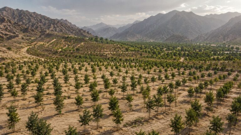 Terrenos áridos reforestados con árboles dentro del programa de restauración de Arabia Saudí