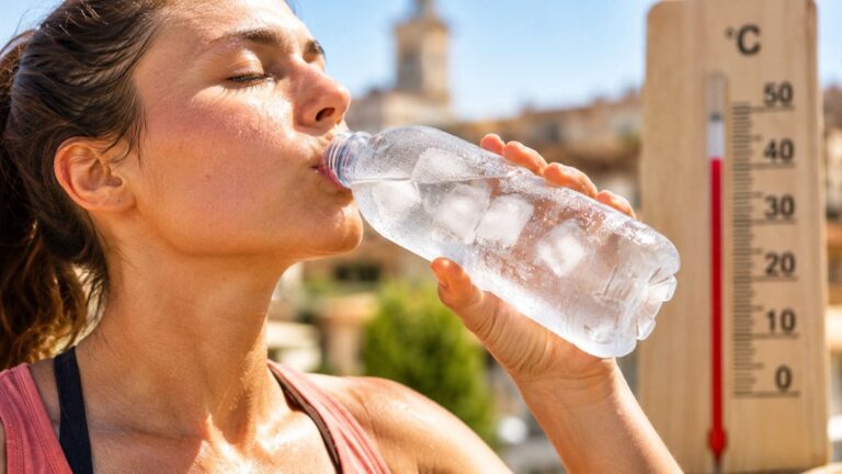 Mujer bebiendo agua muy fría con hielo durante un día de intenso calor