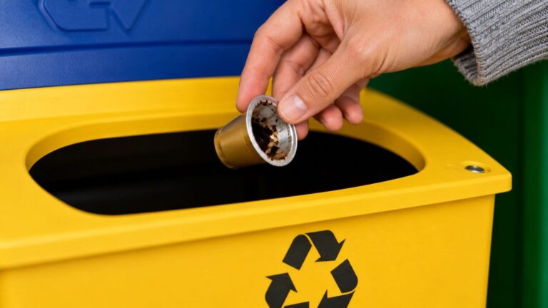 Cápsula de café usada junto a un contenedor amarillo para el reciclaje de envases