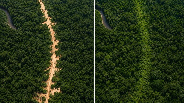 Vista aérea de una carretera ilegal en la Amazonía brasileña parcialmente cubierta por la vegetación tras la regeneración del bosque.
