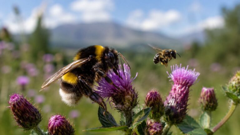 Un gran abejorro y una abeja pequeña polinizan flores silvestres en un prado, protagonistas de un estudio sobre el impacto del CO₂.