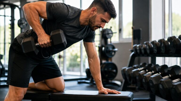 Hombre realizando entrenamiento de fuerza con una mancuerna en un gimnasio