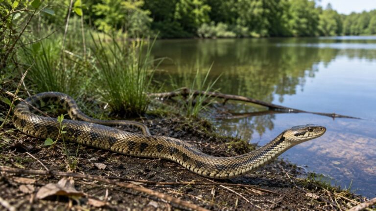 Serpiente junto a la orilla de un lago rodeado de vegetación