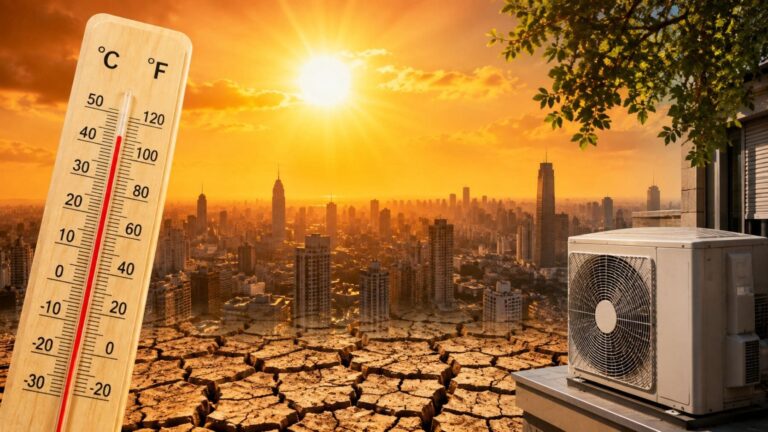 Ciudad bajo una ola de calor extremo con termómetro y aparato de aire acondicionado