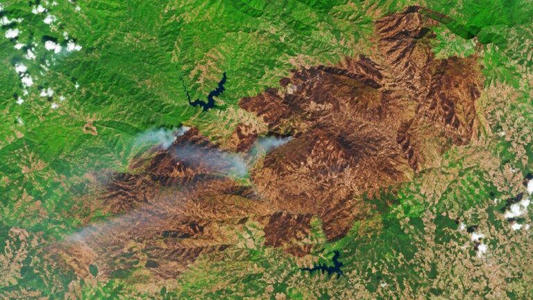 Imagen satelital de la NASA con una gran superficie quemada por incendios en el centro de España.