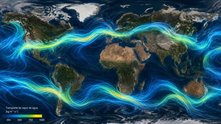 Mapa mundial con los principales corredores de ríos atmosféricos que transportan vapor de agua alrededor del planeta.