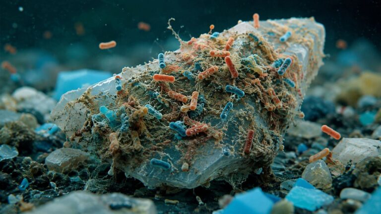 Microplásticos colonizados por bacterias formando una biopelícula que favorece la resistencia a los antibióticos.