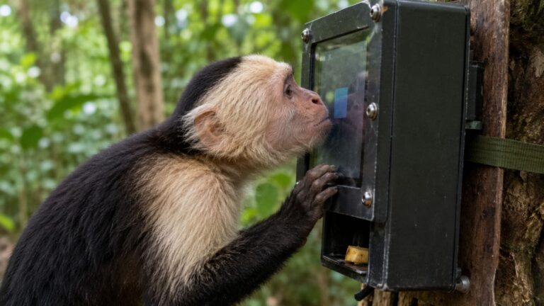 Mono capuchino salvaje usando una pantalla táctil instalada en la selva de Costa Rica.