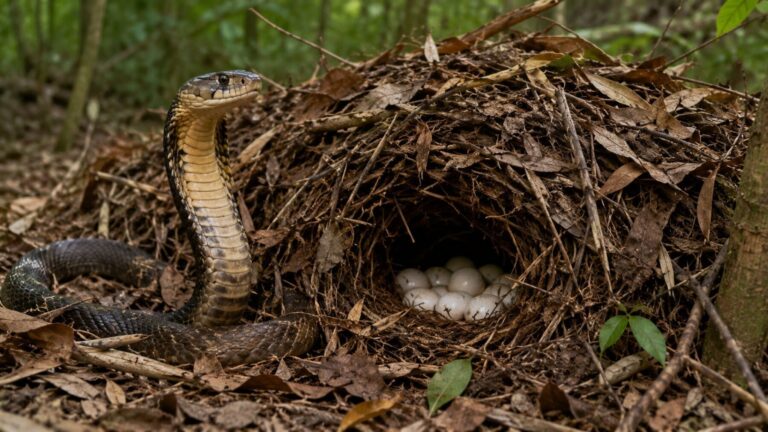 Cobra real junto a un nido con huevos entre hojas secas en un bosque de Nepal