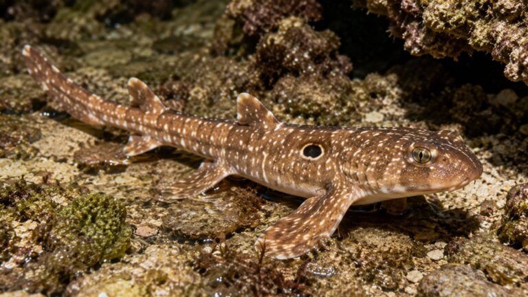 Nuevo tiburón caminante (Hemiscyllium dudgeonae) desplazándose sobre sus aletas en un arrecife poco profundo de Papúa Nueva Guinea.