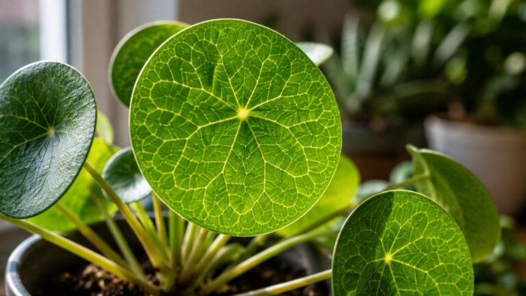 Hoja de una planta del dinero (Pilea peperomioides) donde se aprecia el patrón geométrico de sus venas estudiado por los científicos.