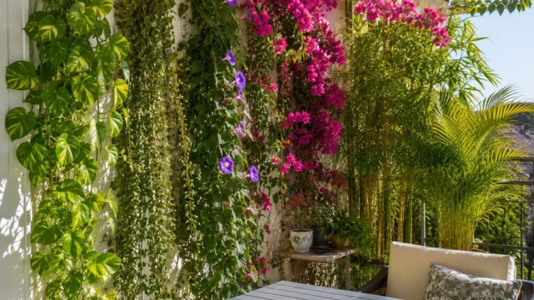 Plantas de crecimiento rápido cubriendo una terraza para proporcionar sombra y ayudar a refrescar la vivienda