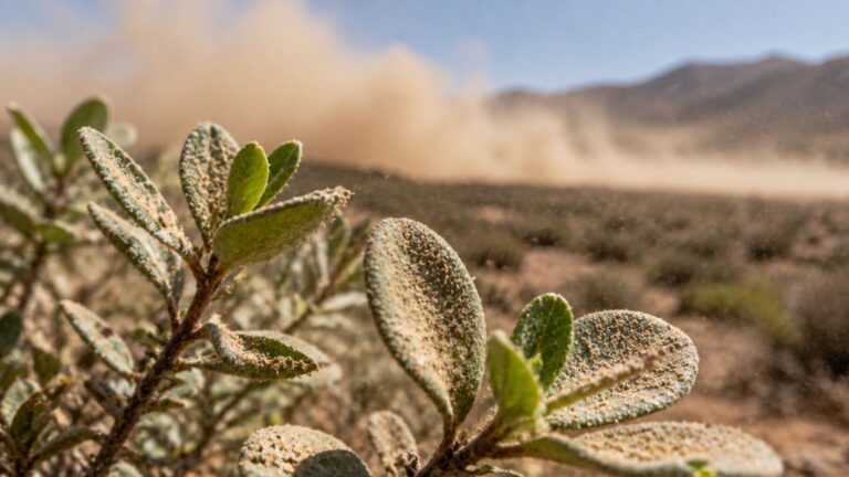 Hojas de una planta cubiertas de polvo mineral en un entorno árido, ilustrando la absorción foliar de nutrientes.