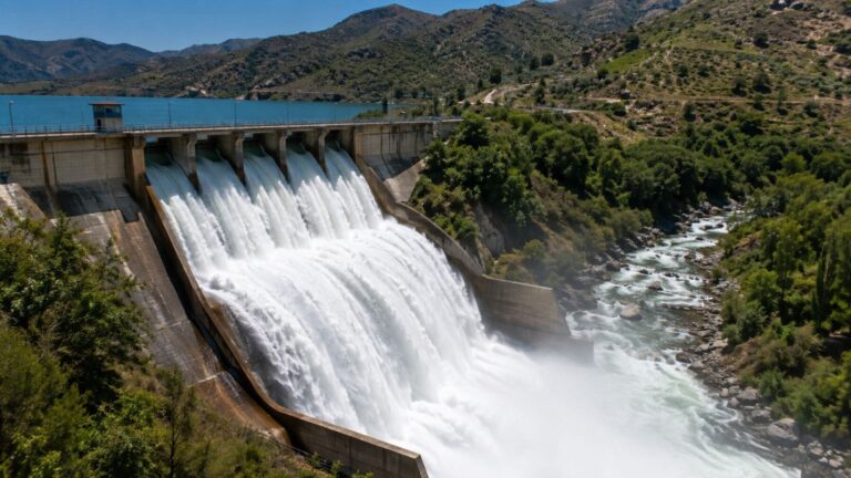 Presa de Rules desembalsando un gran caudal de agua por sus aliviaderos