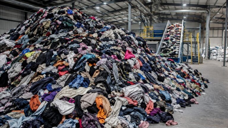 Montaña de ropa usada en una planta industrial de clasificación para reciclaje textil en Europa.