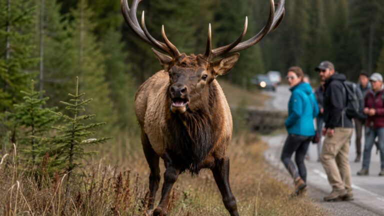Un uapití macho adopta una postura defensiva cerca de varios visitantes en un parque nacional de Canadá.