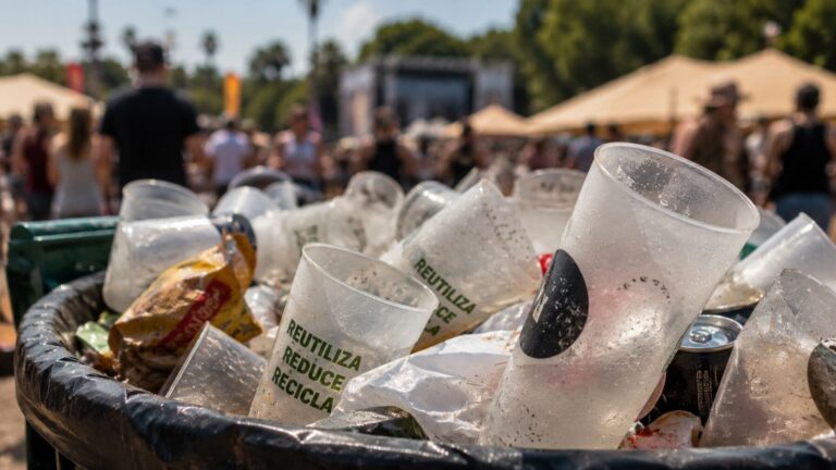 Vasos reutilizables desechados en una papelera durante un festival de música